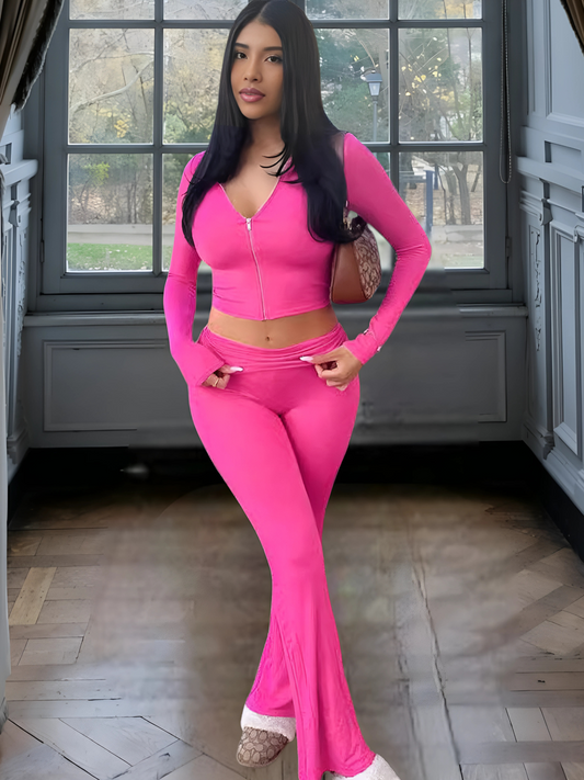 Minna | Lässiger Trainingsanzug Damen aus atmungsaktivem Stoff mit Zip-Hoodie und weitem Bein | Magenta