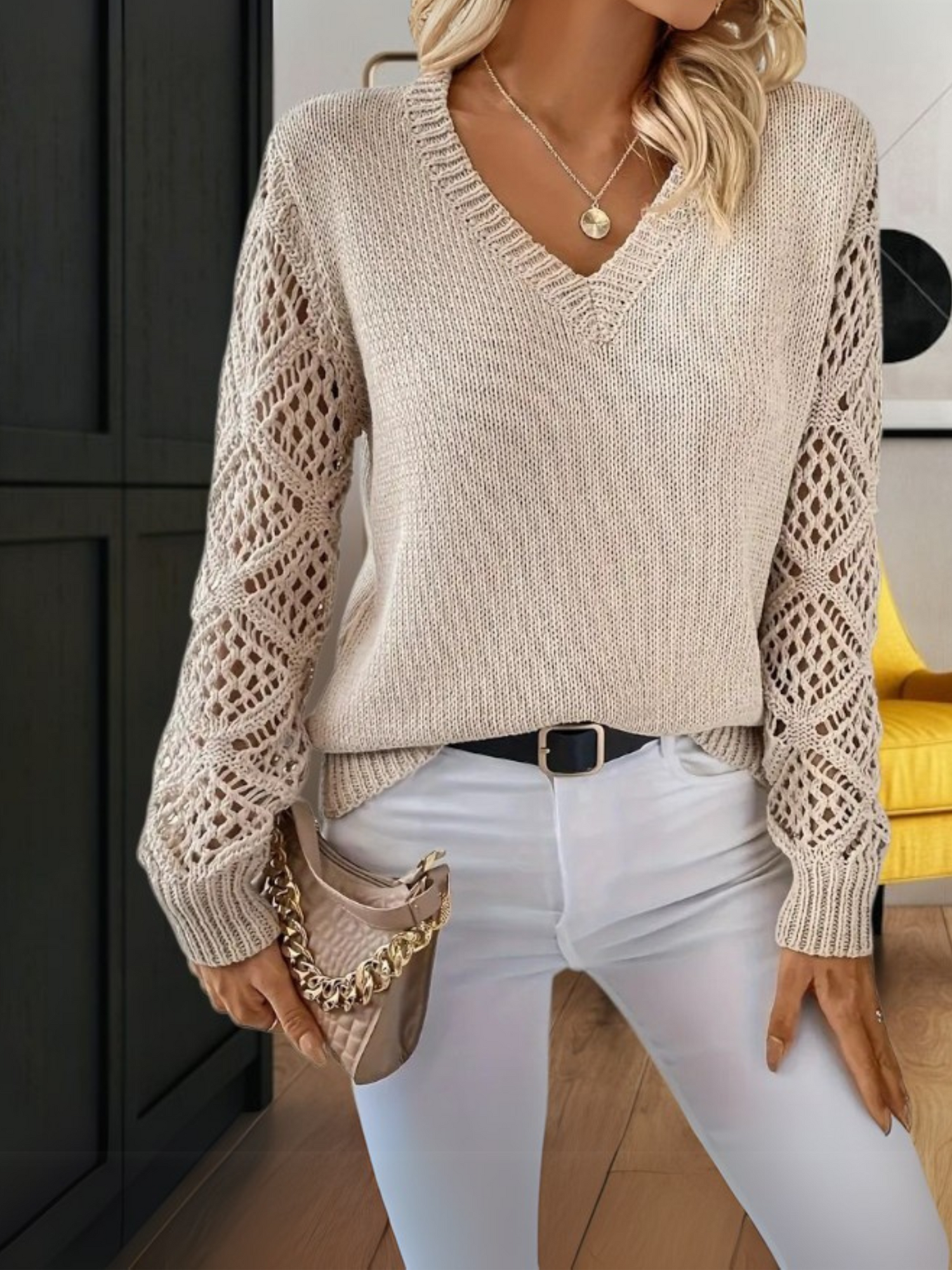 Mirabelle | Bequemer V-Ausschnitt Pullover Damen aus weichem Strickstoff für jede Jahreszeit | Aprikose