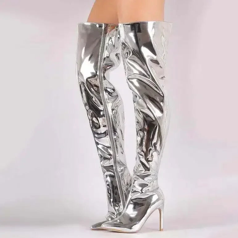 Modische Overknee Stiefel Schwarz aus Leder mit Reißverschluss und spitzer Zehe 2
