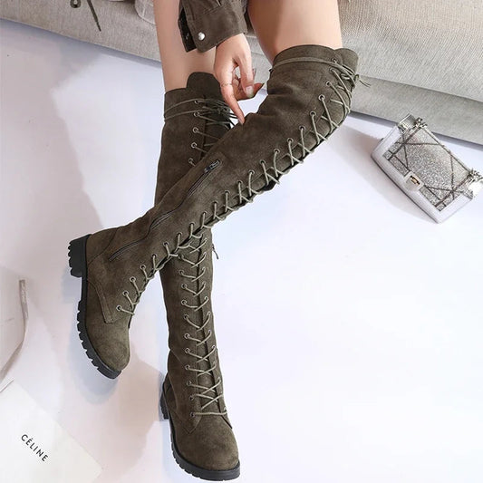 Modische Overknee Stiefel Schwarz mit Einzigartiger Schnürung für Frauen 0