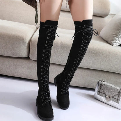 Modische Overknee Stiefel Schwarz mit Einzigartiger Schnürung für Frauen 2