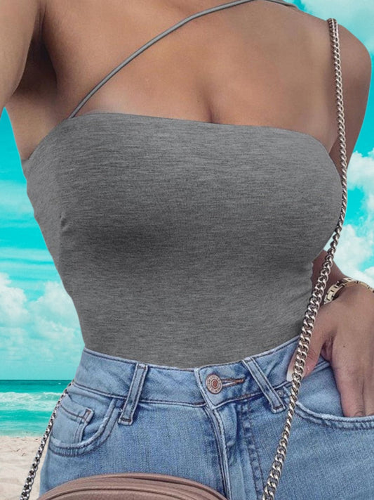Najah | Eleganter Damen Bodysuit mit asymmetrischem Trägerdesign und figurformendem Schnitt | Grau
