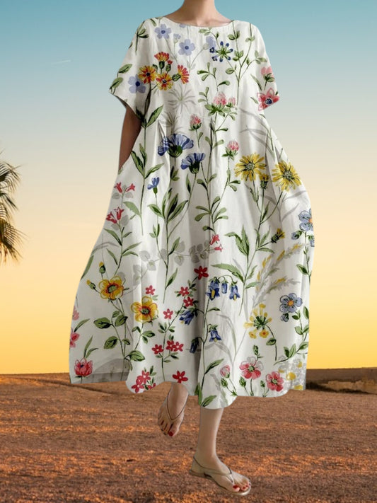 Nanna | Lässiges Damenkleid mit Blumendruck aus leichtem Stoff, kurze Ärmel, lockere Passform | Weiß