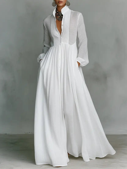 Nora | Damen Leinen-Baumwolle Stehkragen Knopfleiste Maxikleid 0