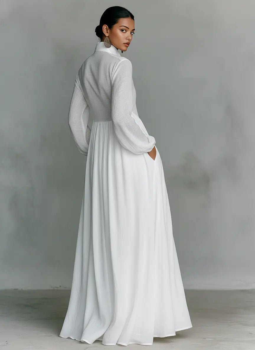 Nora | Damen Leinen-Baumwolle Stehkragen Knopfleiste Maxikleid 1