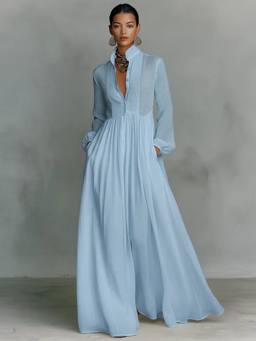 Nora | Damen Leinen-Baumwolle Stehkragen Knopfleiste Maxikleid 2