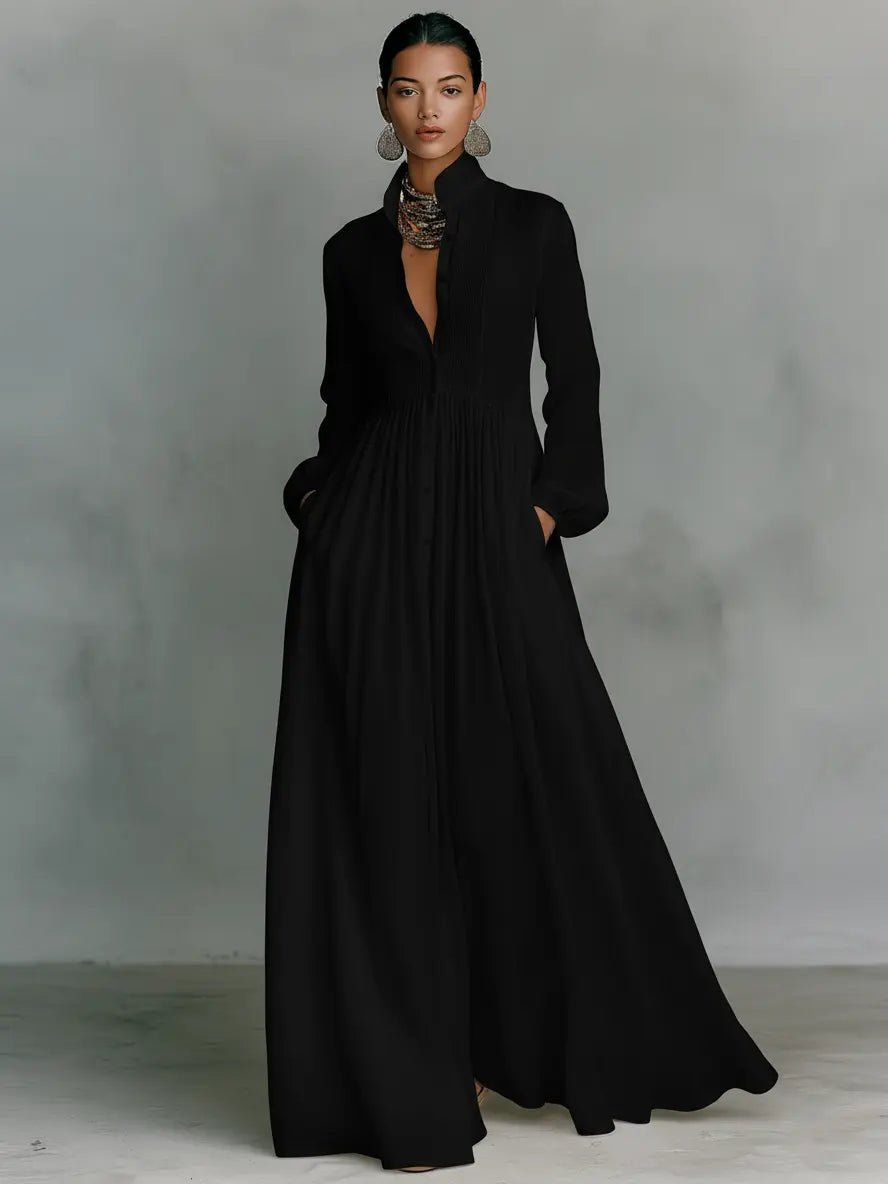 Nora | Damen Leinen-Baumwolle Stehkragen Knopfleiste Maxikleid 3