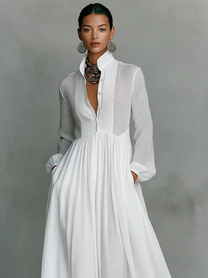Nora | Damen Leinen-Baumwolle Stehkragen Knopfleiste Maxikleid 4