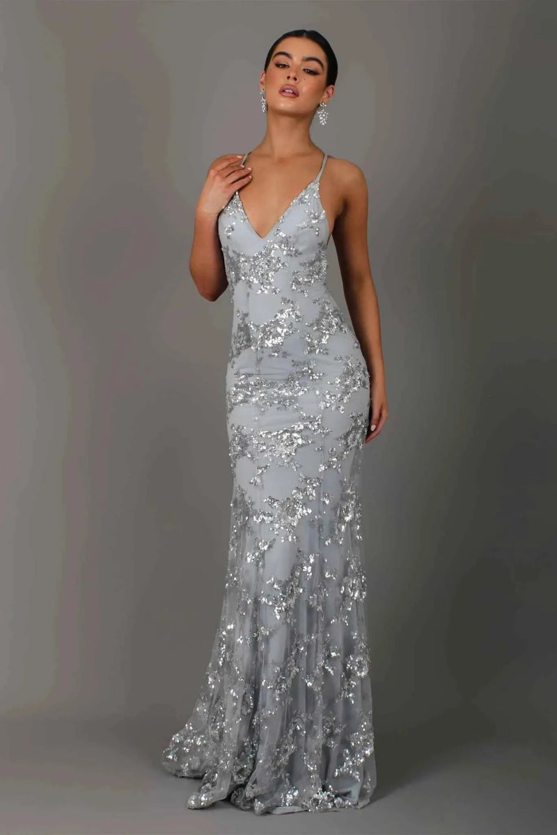 Nora – bodenlanges Abendkleid mit Paillettenstickerei, tiefem Rückenausschnitt und Spaghettiträgern 2