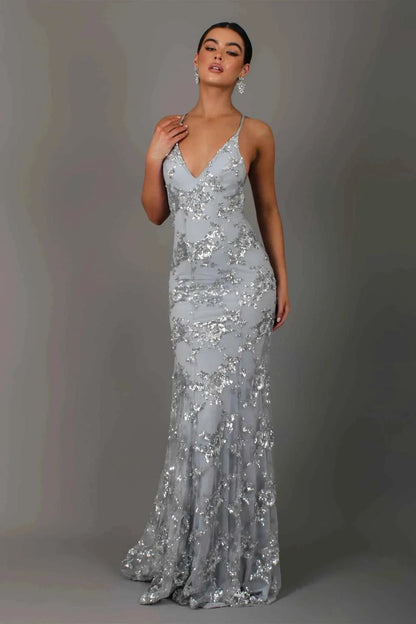 Nora – bodenlanges Abendkleid mit Paillettenstickerei, tiefem Rückenausschnitt und Spaghettiträgern 2