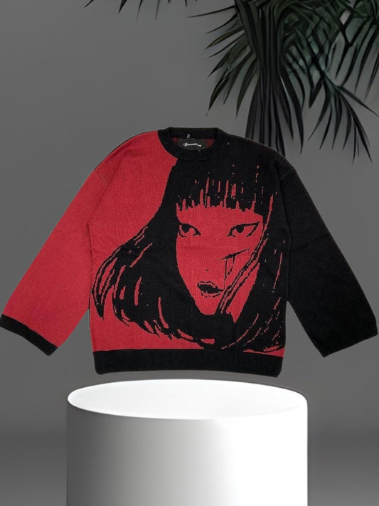 Nuvella | Kreativer Damenpullover aus weichem Strickstoff mit einzigartigem grafischem Design | Rot