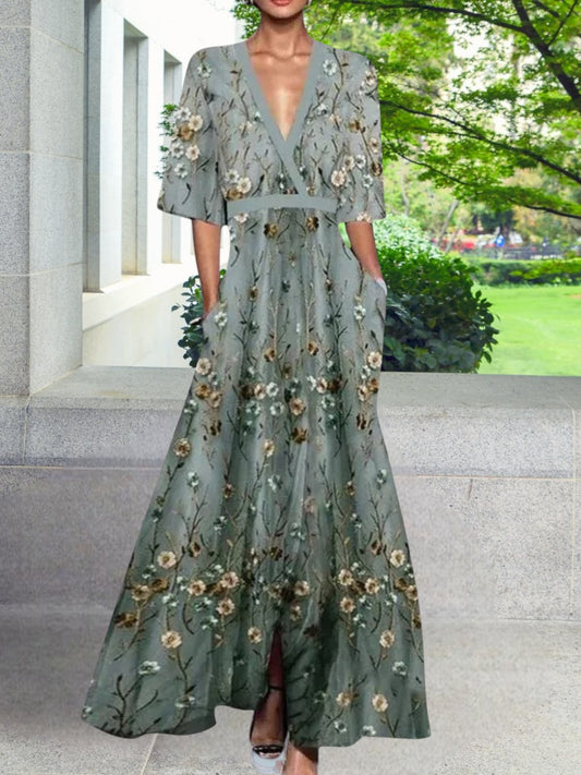 Océane | Elegantes geblümtes Damenkleid für Hochzeitsgäste, leichtes Material, fließender Schnitt  | Floral Grau