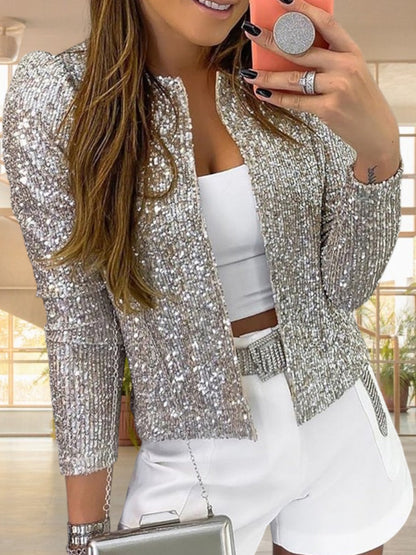 Olivia | Chice Damenjacke aus hochwertigem Polyester mit glitzerndem Design und langen Ärmeln | Silber 2