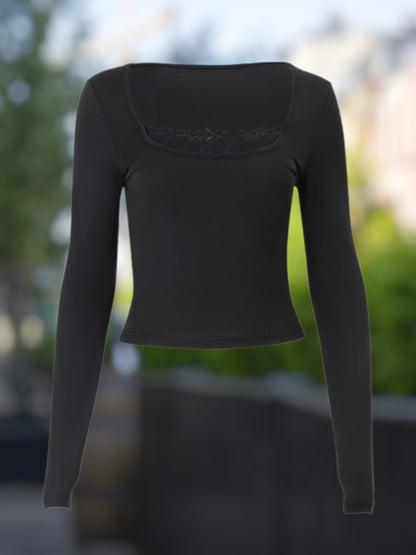 Ophelya | Damen Langarmshirt aus hochwertigem Material mit elegantem Spitzenbesatz und figurbetontem Schnitt | Schwarz 5