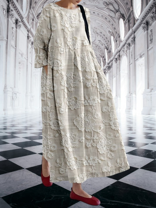 Othilia | Elegant Langärmeliges, bedrucktes Kleid aus atmungsaktivem Leinen mit Spitze und einer schmeichelhaften Silhouette | Hellgrau