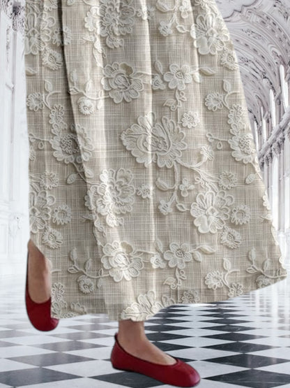 Othilia | Elegant Langärmeliges, bedrucktes Kleid aus atmungsaktivem Leinen mit Spitze und einer schmeichelhaften Silhouette | Hellgrau 2