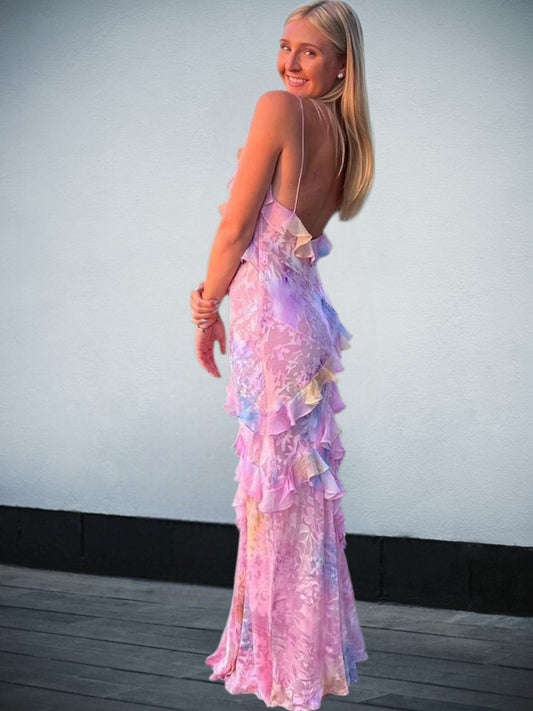 Rüschen-Maxikleid mit offenem Rücken - Elegant fließende Passform | Rosa