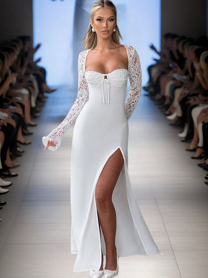 Rhea | Elegantes Maxikleid mit Spitzenbesatz und tiefem Schlitz für festliche Anlässe | WeiB