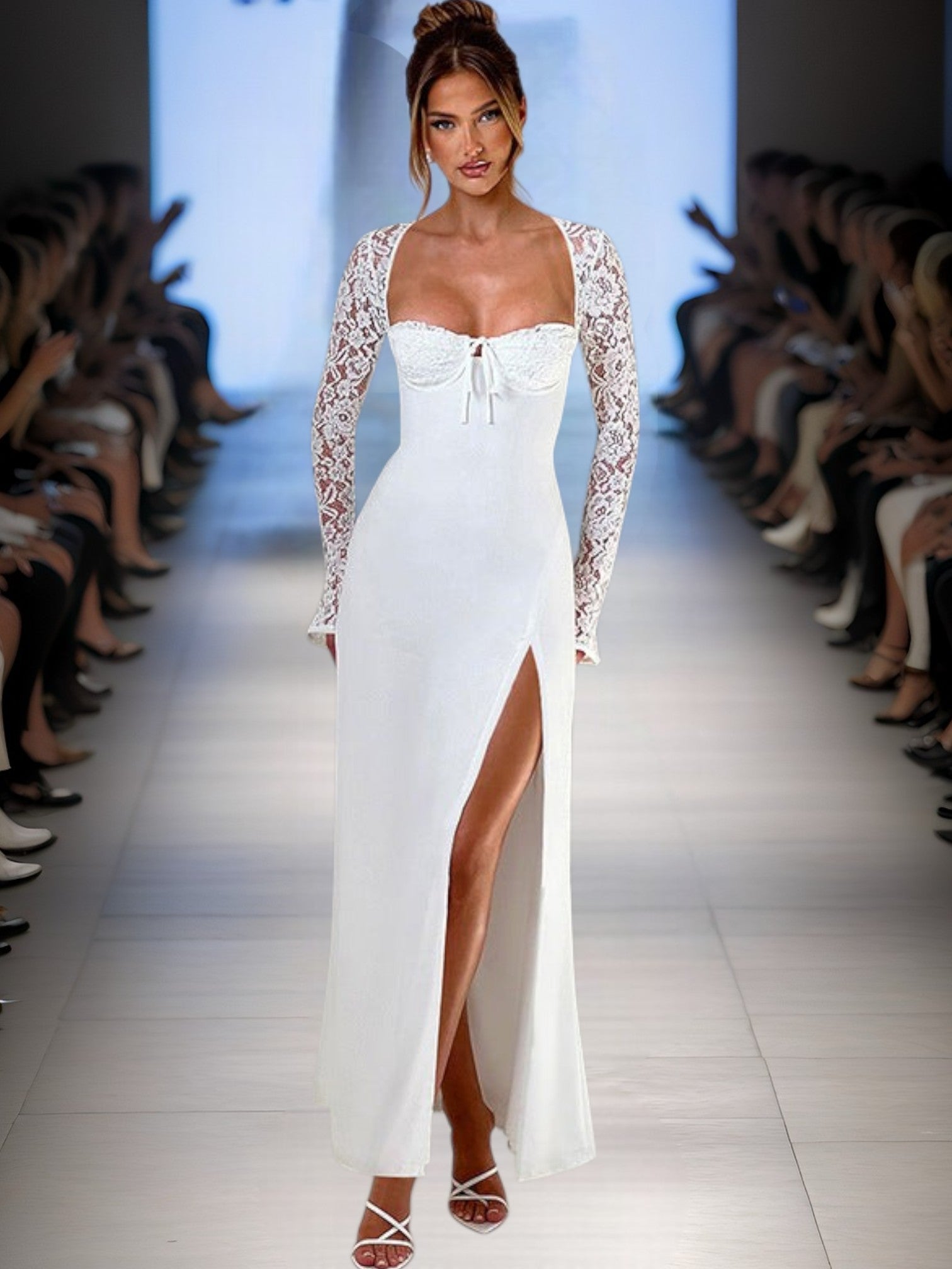 Rhea | Elegantes Maxikleid mit Spitzenbesatz und tiefem Schlitz für festliche Anlässe | WeiB 2