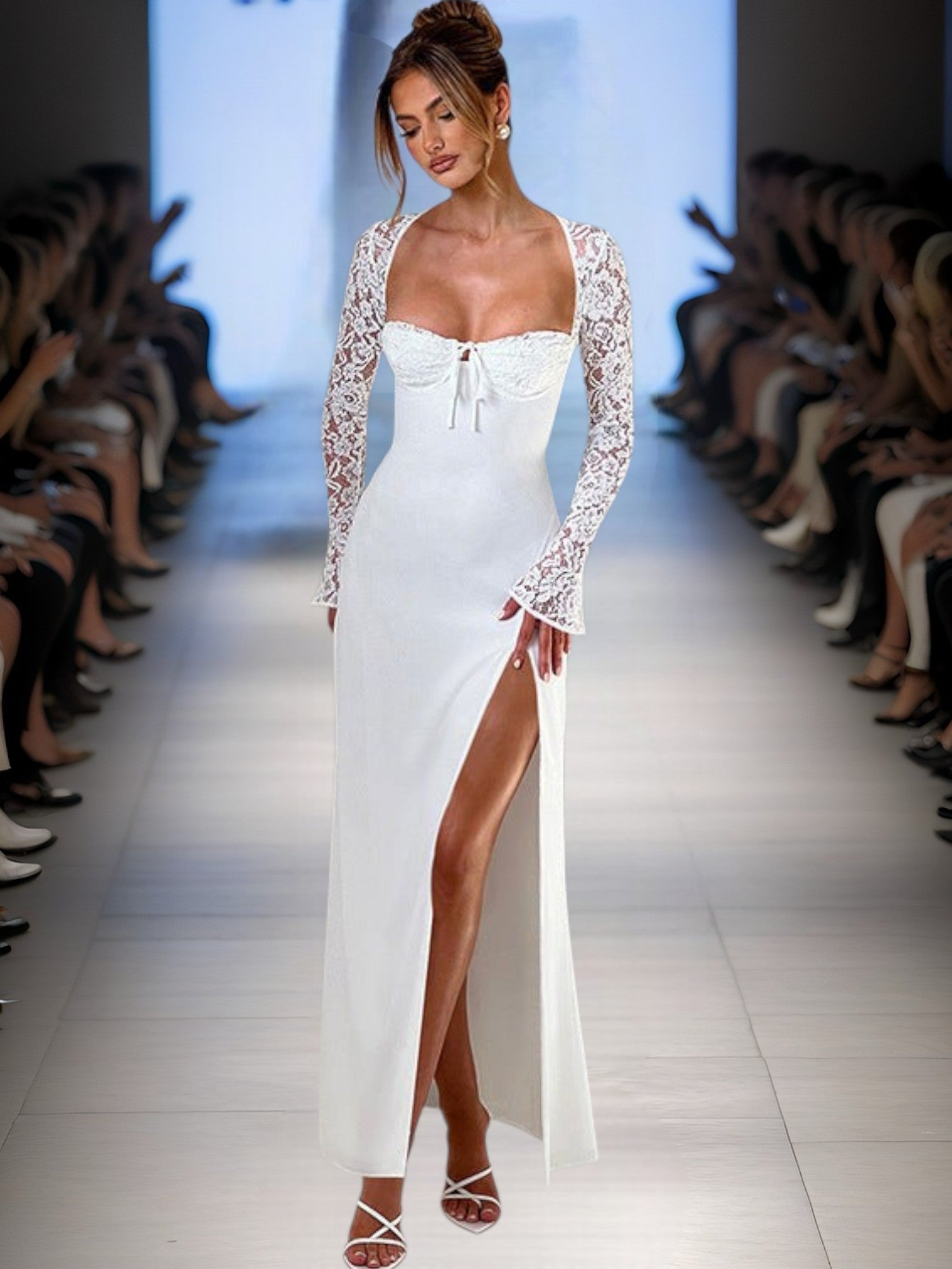 Rhea | Elegantes Maxikleid mit Spitzenbesatz und tiefem Schlitz für festliche Anlässe | WeiB 3