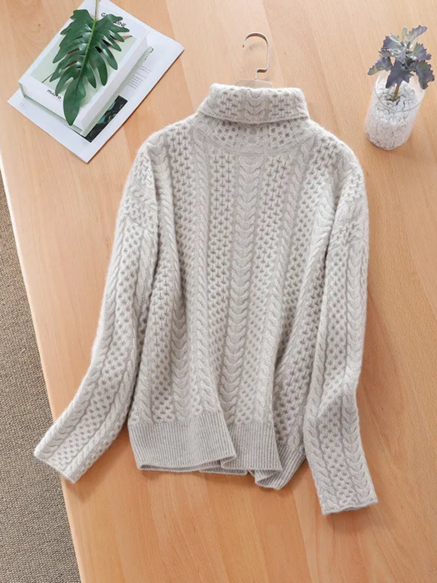 Rollkragenpullover Damen | Zopfmuster, Relaxed Fit | Beige