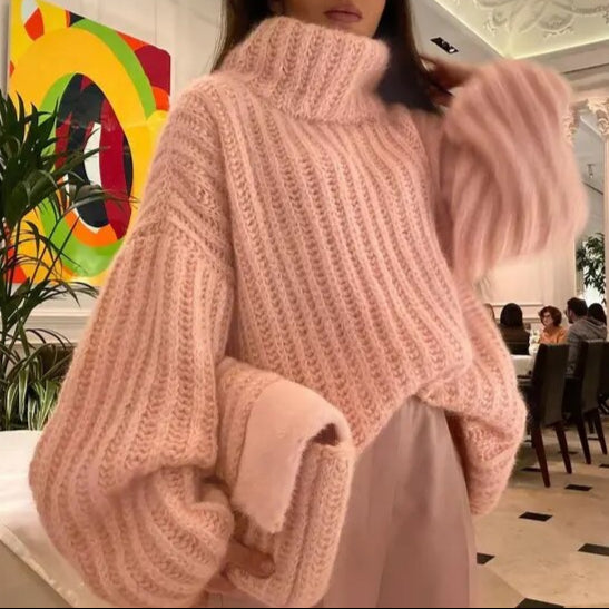 Rollkragenpullover damen | Grobstrick | Rose