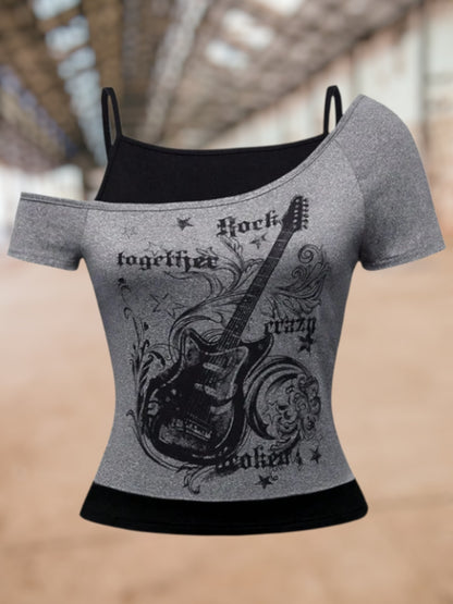 Rose | Damen Off-Shoulder T-Shirt aus Baumwolle mit kreativem Gitarren-Print, figurbetonte Passform, kurzarm, ideal für Freizeit | Grau