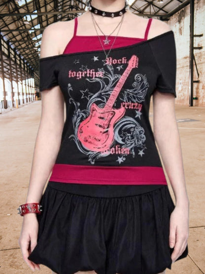 Rose | Damen Off-Shoulder T-Shirt aus Baumwolle mit kreativem Gitarren-Print, figurbetonte Passform, kurzarm, ideal für Freizeit | Rosa 4