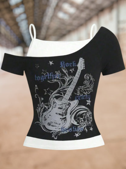 Rose | Damen Off-Shoulder T-Shirt aus Baumwolle mit kreativem Gitarren-Print, figurbetonte Passform, kurzarm, ideal für Freizeit | Schwarz
