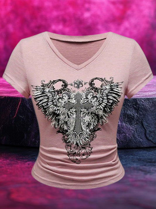 Rosmira | Damen T-Shirt mit V-Ausschnitt, originellem Grafikdesign, Kurzarm, 100% Baumwolle, Regular Fit | Rosa