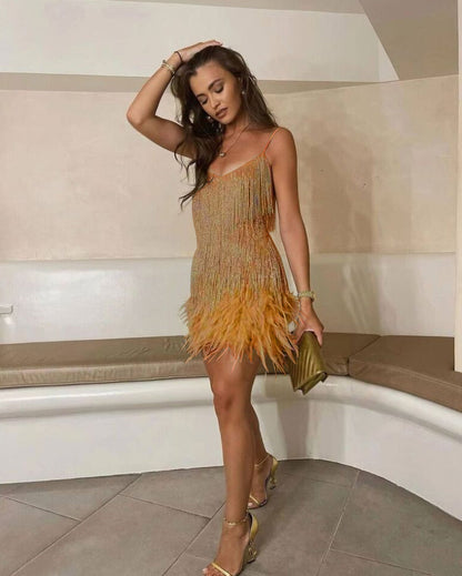 Cocktailkleid Damen | Glamouröses Fransen-Design & Federbesatz