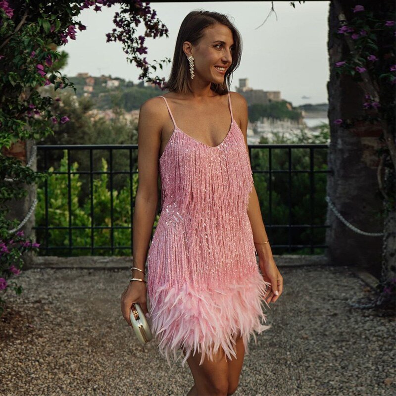 Cocktailkleid Damen | Glamouröses Fransen-Design & Federbesatz