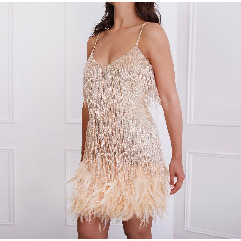 Cocktailkleid Damen | Glamouröses Fransen-Design & Federbesatz