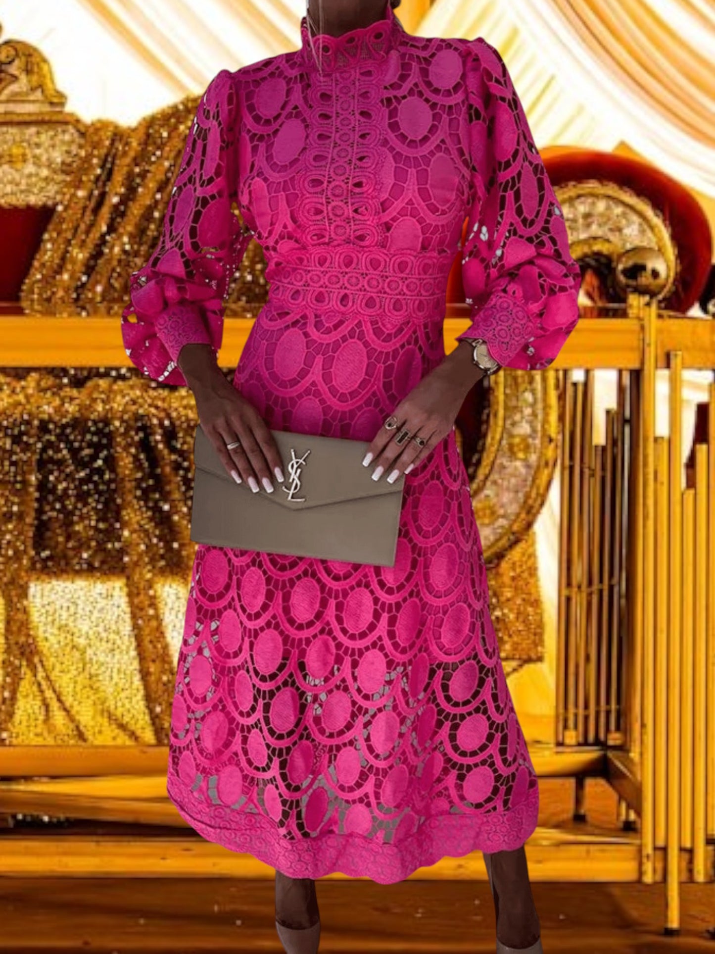 Sanne | Elegantes Maxikleid aus handgefertigter Blonden für besondere Anlässe, Maxilänge, Bequeme Passform | Rosa