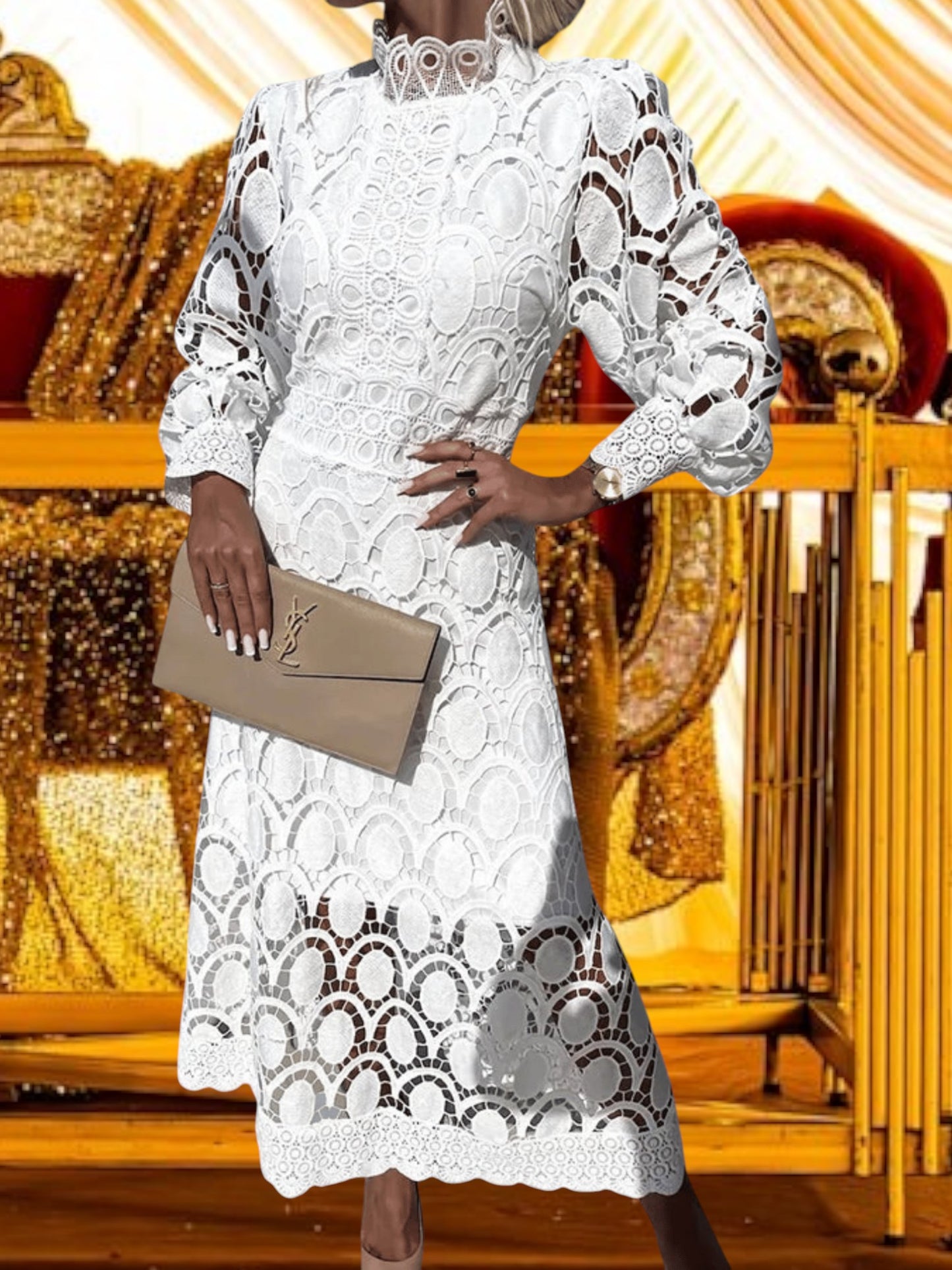 Sanne | Elegantes Maxikleid aus handgefertigter Blonden für besondere Anlässe, Maxilänge, Bequeme Passform | Weiß