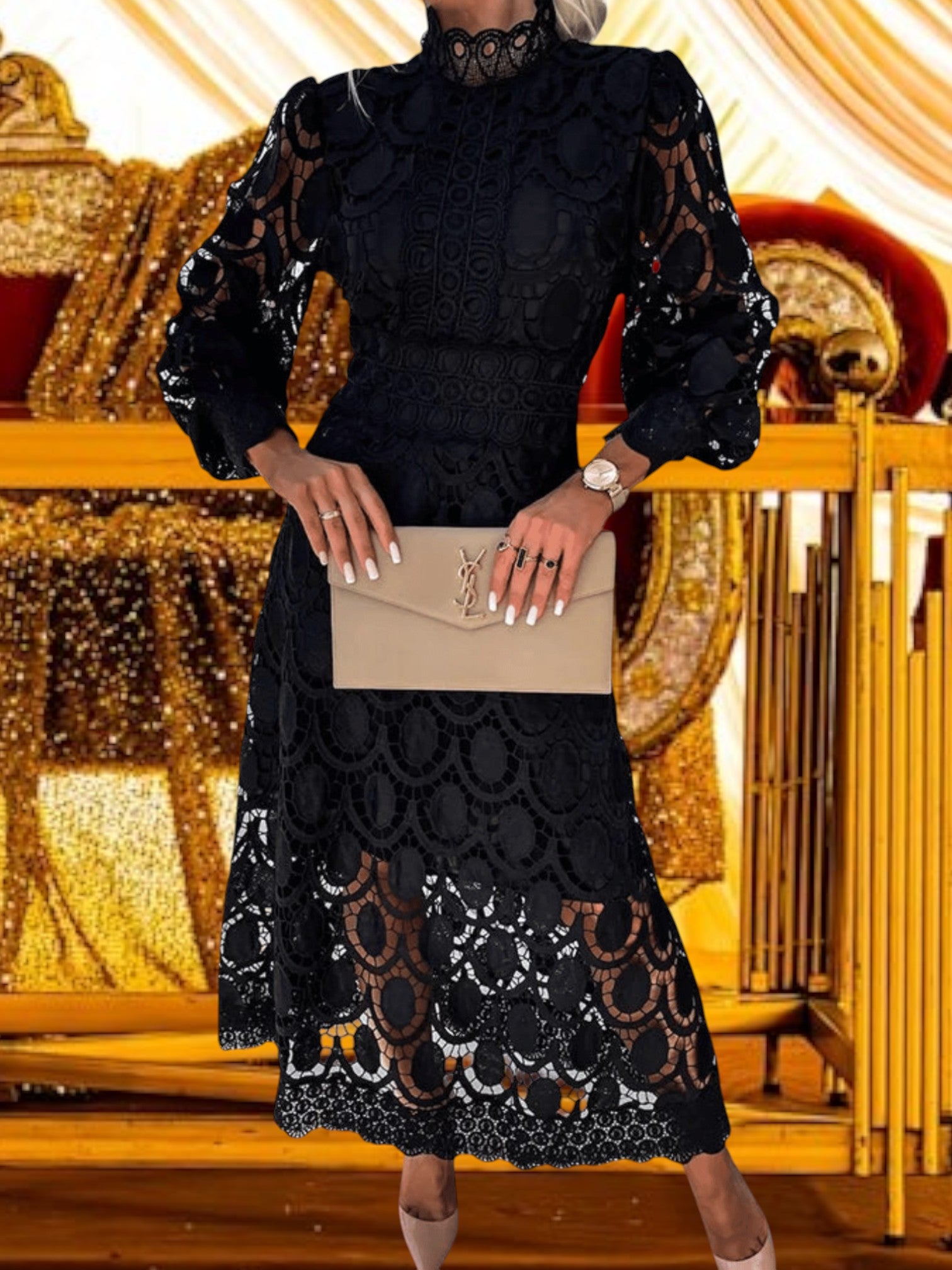 Sanne | Elegantes Maxikleid aus handgefertigter Blonden für besondere Anlässe, Maxilänge, Bequeme Passform | schwarz