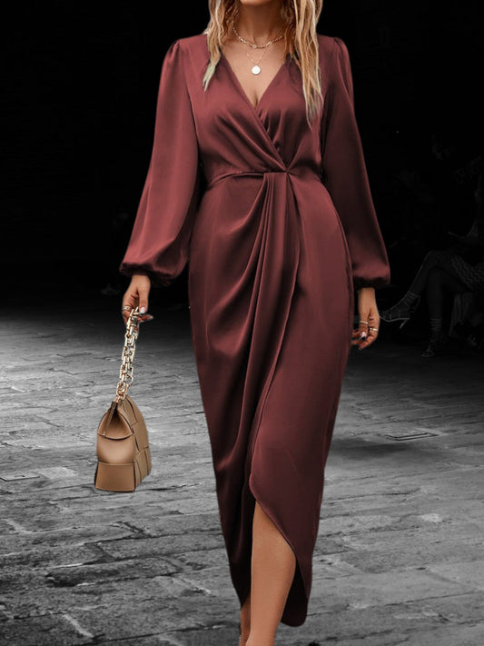 Satin Wrap Maxi-Kleid mit Laterne Langärmelig V-Ausschnitt