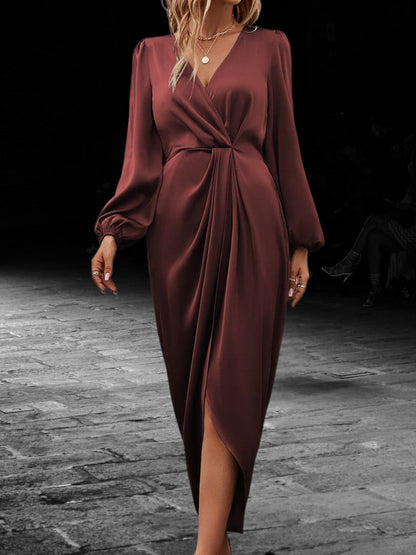 Satin Wrap Maxi-Kleid mit Laterne Langärmelig V-Ausschnitt