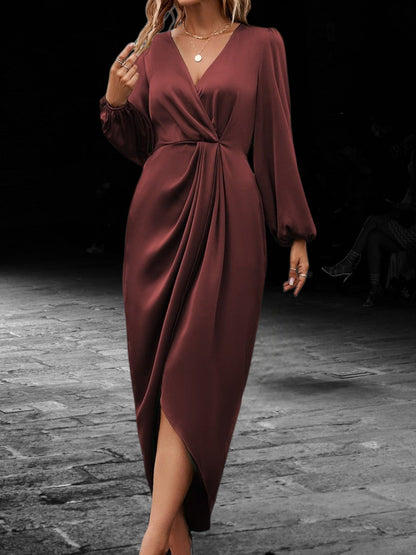 Satin Wrap Maxi-Kleid mit Laterne Langärmelig V-Ausschnitt