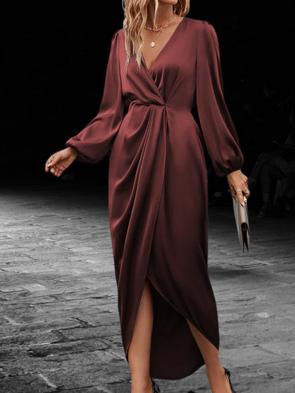 Satin Wrap Maxi-Kleid mit Laterne Langärmelig V-Ausschnitt