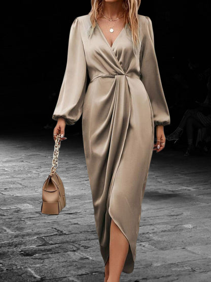 Satin Wrap Maxi-Kleid mit Laterne Langärmelig V-Ausschnitt