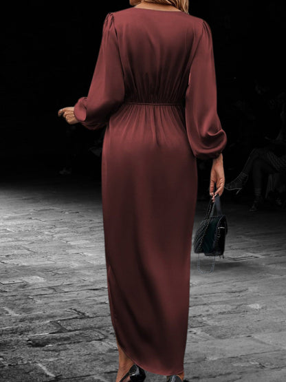 Satin Wrap Maxi-Kleid mit Laterne Langärmelig V-Ausschnitt