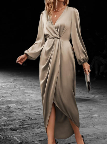 Satin Wrap Maxi-Kleid mit Laterne Langärmelig V-Ausschnitt