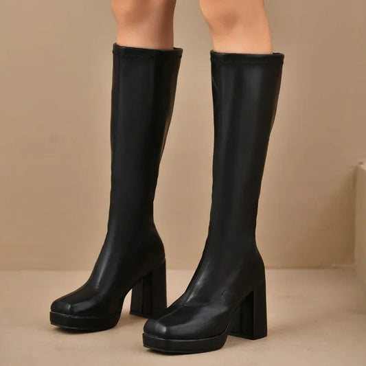 Schwarze Overknee Stiefel Flach mit Klobigem Absatz und Plateau für Damen 0