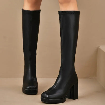 Schwarze Overknee Stiefel Flach mit Klobigem Absatz und Plateau für Damen 4
