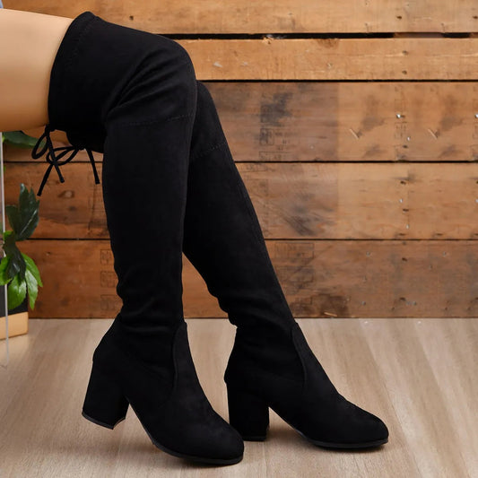 Schwarze Overknee Stiefel aus Kunstleder mit Blockabsatz und runder Spitze 0