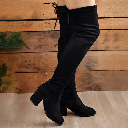 Schwarze Overknee Stiefel aus Kunstleder mit Blockabsatz und runder Spitze 2