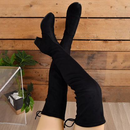 Schwarze Overknee Stiefel aus Kunstleder mit Blockabsatz und runder Spitze 3