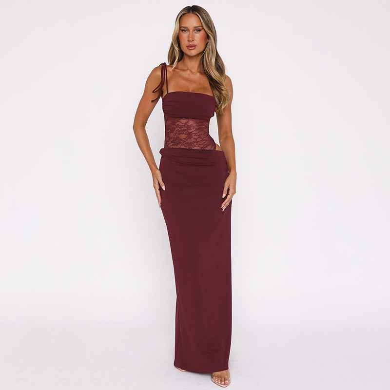 Sina – figurbetontes Maxikleid mit Schnürträgern und transparenter Spitzen-Corsage 1
