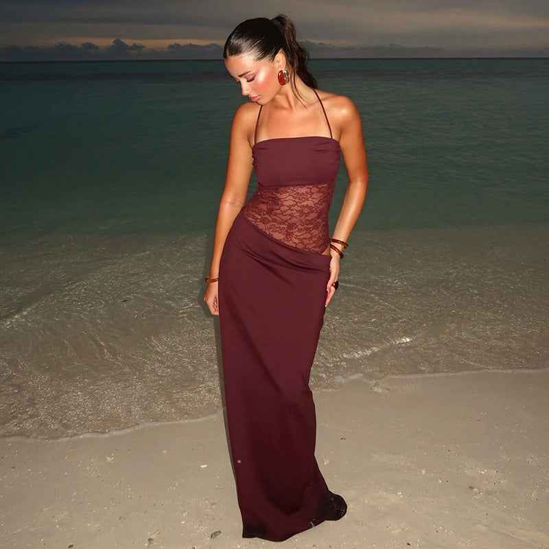 Sina – figurbetontes Maxikleid mit Schnürträgern und transparenter Spitzen-Corsage 2